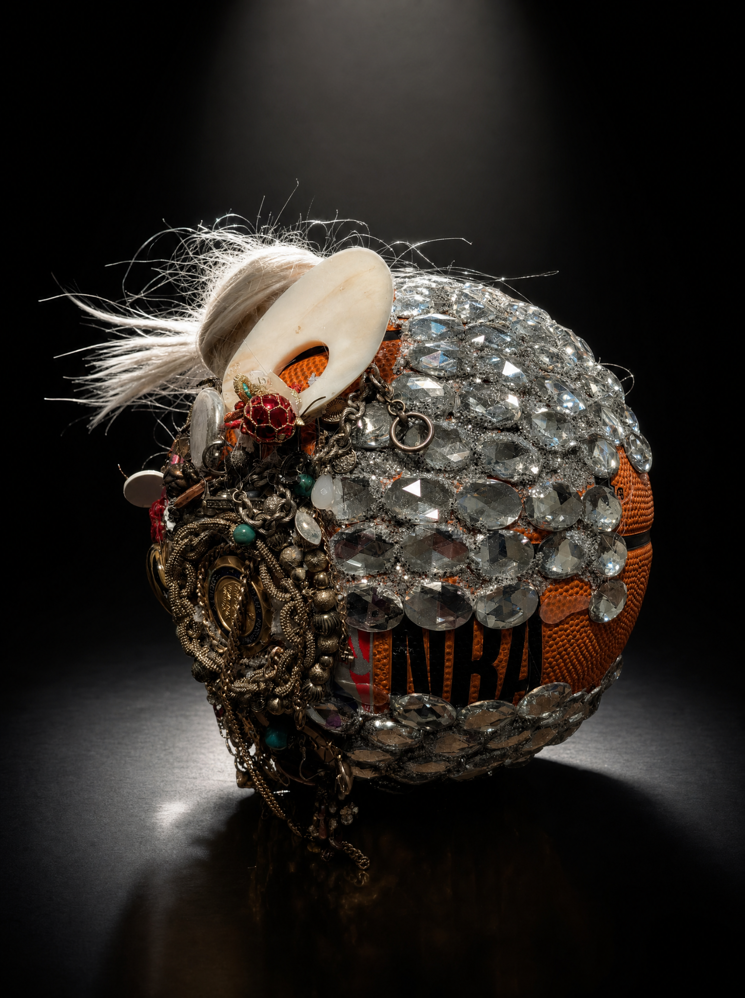 Drag Everything Up sculptural basketball with rhinestones, jewelry, charms, and hair